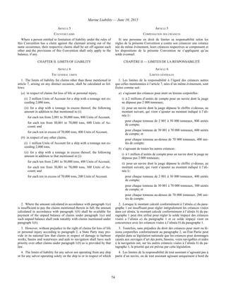 Marine Liability — June 10, 2013
74
ARTICLE 5 ARTICLE 5
COUNTERCLAIMS COMPENSATION DES CRÉANCES
Where a person entitled to limitation of liability under the rules of
this Convention has a claim against the claimant arising out of the
same occurrence, their respective claims shall be set off against each
other and the provisions of this Convention shall only apply to the
balance, if any.
Si une personne en droit de limiter sa responsabilité selon les
règles de la présente Convention a contre son créancier une créance
née du même événement, leurs créances respectives se compensent et
les dispositions de la présente Convention ne s’appliquent qu’au
solde éventuel.
CHAPTER II. LIMITS OF LIABILITY CHAPITRE II — LIMITES DE LA RESPONSABILITÉ
ARTICLE 6 ARTICLE 6
THE GENERAL LIMITS LIMITES GÉNÉRALES
1. The limits of liability for claims other than those mentioned in
article 7, arising on any distinct occasion, shall be calculated as fol-
lows:
(a) in respect of claims for loss of life or personal injury,
(i) 2 million Units of Account for a ship with a tonnage not ex-
ceeding 2,000 tons,
(ii) for a ship with a tonnage in excess thereof, the following
amount in addition to that mentioned in (i):
for each ton from 2,001 to 30,000 tons, 800 Units of Account;
for each ton from 30,001 to 70,000 tons, 600 Units of Ac-
count; and
for each ton in excess of 70,000 tons, 400 Units of Account,
(b) in respect of any other claims,
(i) 1 million Units of Account for a ship with a tonnage not ex-
ceeding 2,000 tons,
(ii) for a ship with a tonnage in excess thereof, the following
amount in addition to that mentioned in (i):
for each ton from 2,001 to 30,000 tons, 400 Units of Account;
for each ton from 30,001 to 70,000 tons, 300 Units of Ac-
count; and
for each ton in excess of 70,000 tons, 200 Units of Account.
1. Les limites de la responsabilité à l’égard des créances autres
que celles mentionnées à l’article 7, nées d’un même événement, sont
fixées comme suit :
a) s’agissant des créances pour mort ou lésions corporelles :
i) à 2 millions d’unités de compte pour un navire dont la jauge
ne dépasse pas 2 000 tonneaux;
ii) pour un navire dont la jauge dépasse le chiffre ci-dessus, au
montant suivant, qui vient s’ajouter au montant indiqué à l’ali-
néa i) :
pour chaque tonneau de 2 001 à 30 000 tonneaux, 800 unités
de compte;
pour chaque tonneau de 30 001 à 70 000 tonneaux, 600 unités
de compte; et
pour chaque tonneau au-dessus de 70 000 tonneaux, 400 uni-
tés de compte;
b) s’agissant de toutes les autres créances :
i) à 1 million d’unités de compte pour un navire dont la jauge ne
dépasse pas 2 000 tonneaux;
ii) pour un navire dont la jauge dépasse le chiffre ci-dessus, au
montant suivant, qui vient s’ajouter au montant indiqué à l’ali-
néa i) :
pour chaque tonneau de 2 001 à 30 000 tonneaux, 400 unités
de compte;
pour chaque tonneau de 30 001 à 70 000 tonneaux, 300 unités
de compte; et
pour chaque tonneau au-dessus de 70 000 tonneaux, 200 uni-
tés de compte.
2. Where the amount calculated in accordance with paragraph 1(a)
is insufficient to pay the claims mentioned therein in full, the amount
calculated in accordance with paragraph 1(b) shall be available for
payment of the unpaid balance of claims under paragraph 1(a) and
such unpaid balance shall rank rateably with claims mentioned under
paragraph 1(b).
2. Lorsque le montant calculé conformément à l’alinéa a) du para-
graphe 1 est insuffisant pour régler intégralement les créances visées
dans cet alinéa, le montant calculé conformément à l’alinéa b) du pa-
ragraphe 1 peut être utilisé pour régler le solde impayé des créances
visées a l’alinéa a) du paragraphe 1 et ce solde impayé vient en
concurrence avec les créances visées à l’alinéa b) du paragraphe 1.
3. However, without prejudice to the right of claims for loss of life
or personal injury according to paragraph 2, a State Party may pro-
vide in its national law that claims in respect of damage to harbour
works, basins and waterways and aids to navigation shall have such
priority over other claims under paragraph 1(b) as is provided by that
law.
3. Toutefois, sans préjudice du droit des créances pour mort ou lé-
sions corporelles conformément au paragraphe 2, un État Partie peut
stipuler dans sa législation nationale que les créances pour dommages
causés aux ouvrages d’art des ports, bassins, voies navigables et aides
à la navigation ont, sur les autres créances visées à l’alinéa b) du pa-
ragraphe 1, la priorité qui est prévue par cette législation.
4. The limits of liability for any salvor not operating from any ship
or for any salvor operating solely on the ship to or in respect of which
4. Les limites de la responsabilité de tout assistant n’agissant pas à
partir d’un navire, ou de tout assistant agissant uniquement à bord du
 