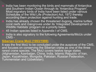  India has been monitoring the birds and mammals of Antarctica
and Southern Indian Ocean through its 'Antarctica Program'.
Most migratory birds of India have been listed under various
Schedules of the Wild Life (Protection) Act, 1972 thereby
according them protection against hunting and trade.
 India has already chosen the threatened dugong, marine turtles,
coral reefs and mangroves under its ‘Integrated Development of
Wildlife Habitats’ program on a priority basis.
 45 Indian species listed in Appendix I of CMS.
 India is also signatory to the following Agreements/MoUs under
CMS -
Siberian Crane MoU (1993/1999)
It was the first MoU to be concluded under the auspices of the CMS,
and focuses on conserving the Siberian crane as one of the three
rarest crane species. The MoU covers twelve range states
(Afghanistan, Azerbaijan, China, India, Islamic Republic of Iran,
Japan, Kazakhstan, Mongolia, Pakistan, Russian Federation,
Turkmenistan and Uzbekistan).
 