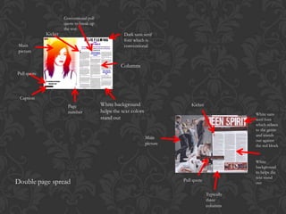 Conventional pull
                      quote to break up
                      the text
             Kicker                                  Dark sans serif
                                                     font which is
 Main                                                conventional
 picture


                                                   Columns
Pull quote




 Caption
                        Page              White background                      Kicker
                        number            helps the text colors
                                                                                                     White sans
                                          stand out                                                  serif font
                                                                                                     which relates
                                                                                                     to the genre
                                                                                                     and stands
                                                                  Main
                                                                                                     out against
                                                                  picture                            the red block


                                                                                                     White
                                                                                                     background
                                                                                                     to helps the
                                                                                                     text stand
Double page spread                                                          Pull quote
                                                                                                     out

                                                                                         Typically
                                                                                         three
                                                                                         columns
 