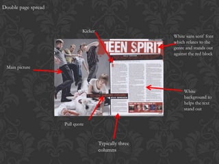 Double page spread



                              Kicker
                                                         White sans serif font
                                                         which relates to the
                                                         genre and stands out
                                                         against the red block

 Main picture



                                                              White
                                                              background to
                                                              helps the text
                                                              stand out


                     Pull quote



                                       Typically three
                                       columns
 