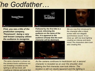 The Godfather… 
First, you see a title of the 
production company, 
‘Paramount’, being a very 
well known company allows 
the audience to recognize 
that the film will be good 
quality. 
Followed by the first title is a 
second, informing the 
audience on the name of the 
film. It is apparent to the 
audience already that the main 
character will be dominant, 
due to the ‘puppet’ controlling 
the ‘father’. 
We are now first introduced to 
the character after a black 
screen with non-diegetic 
synchronous sound. It is a 
close up, with low level lighting 
creating an intense and eerie 
mood, the characters stern look 
also creating this. 
The same character is shown as 
the camera tracks out/zooms out, 
not revealing a location as the 
lighting is still low level, still 
creating an intense and eerie feel. 
As the camera continues to track/zoom out, a second 
character is revealed as an over the shoulder shot. 
Making the first character now look inferior. The 
location is still not clearly apparent and the lighting is 
still very dark, reflecting the personalities of the 
 