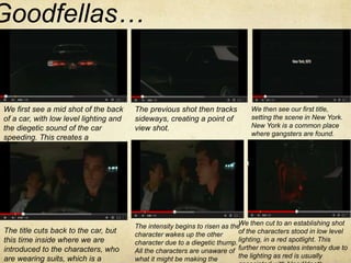 Goodfellas… 
We first see a mid shot of the back 
of a car, with low level lighting and 
the diegetic sound of the car 
speeding. This creates a 
mysterious mood. 
The previous shot then tracks 
sideways, creating a point of 
view shot. 
We then see our first title, 
setting the scene in New York. 
New York is a common place 
where gangsters are found. 
The title cuts back to the car, but 
this time inside where we are 
introduced to the characters, who 
are wearing suits, which is a 
We then cut to an establishing shot 
of the characters stood in low level 
lighting, in a red spotlight. This 
further more creates intensity due to 
the lighting as red is usually 
associated with blood/death. 
The intensity begins to risen as the 
character wakes up the other 
character due to a diegetic thump. 
All the characters are unaware of 
what it might be making the 
 