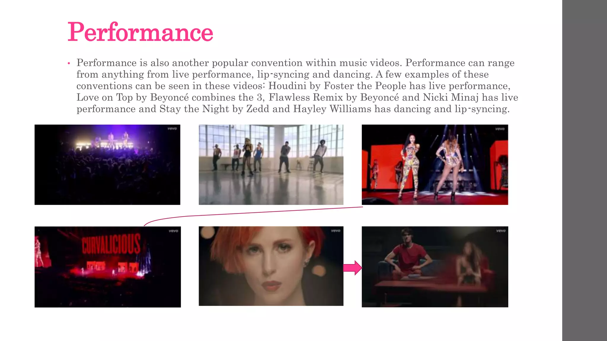 Performance 
• Performance is also another popular convention within music videos. Performance can range 
from anything from live performance, lip-syncing and dancing. A few examples of these 
conventions can be seen in these videos: Houdini by Foster the People has live performance, 
Love on Top by Beyoncé combines the 3, Flawless Remix by Beyoncé and Nicki Minaj has live 
performance and Stay the Night by Zedd and Hayley Williams has dancing and lip-syncing. 
 