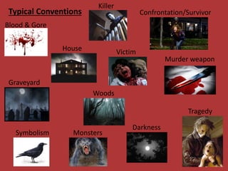 Typical Conventions
Blood & Gore
House
Graveyard
Confrontation/Survivor
Murder weapon
Killer
Victim
Monsters
Darkness
Symbolism
Tragedy
Woods
 