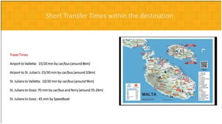 Short Transfer Times Within The
Destination
Travel Times
Airport to Valletta: 15/20 min by car/bus (around 8km)
Airport to St. Julian's: 25/30 min by car/bus (around 10km)
St. Julians to Valletta: 10/20 min by car/bus (around 9km)
St. Julians to Gozo: 70 min by car/bus and ferry (around 35.2km)
St. Julians to Gozo : 45 min by Speedboat
Short Transfer Times within the destination
 
