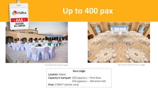 Malta VenuesUp to 400 pax
Xara Lodge
Location: Rabat
Capacity in banquet: 100 (approx.) – Pool Area
250 (approx.) - Minstrels Hall
Area: 5780m² (whole area)
Pool Area © Xara Lodge Minstrels Hall © Xara Lodge
 