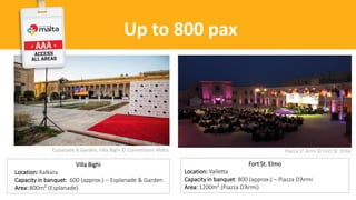 Up to 800 pax
Esplanade & Garden, Villa Bighi © Conventions Malta
Villa Bighi
Location: Kalkara
Capacity in banquet: 600 (approx.) – Esplanade & Garden
Area: 800m² (Esplanade)
Piazza D’ Armi © Fort St. Elmo
Fort St. Elmo
Location: Valletta
Capacity in banquet: 800 (approx.) – Piazza D’Armi
Area: 1200m² (Piazza D’Armi)
 