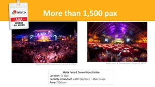 More than 1,500 pax
Malta Fairs & Conventions Centre © MFCC Malta Fairs & Conventions Centre © MFCC
Malta Fairs & Conventions Centre
Location: Ta’ Qali
Capacity in banquet: 4,000 (approx.) – Main Stage
Area: 7000sqm
 
