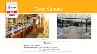 Gozo Venues
Ta’ Frenc
Location: Xaghra, Gozo
Capacity in banquet: 200 (approx.) – Marquis
90 (approx.) – Francess Hall
Hall © Ta’Frenc Marquis © Ta’ Frenc
 