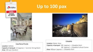 Malta VenuesUp to 100 pax
Summer Dining Room © Casa Rocca Piccola
Casa Rocca Piccola
Location: Valletta
Capacity in banquet: 22 (approx.) – Summer Dining Room
Area: 100 sqm (Garden)
Cittadella Ditch © Cittadella
Cittadella
Location: Rabat, Gozo
Capacity in banquet: 100 (approx.) – Cittadella Ditch
80 (approx.) – Cittadella Cultural Centre
Area: 400sqm (approx.) – Cittadella Ditch
 