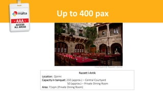 Up to 400 pax
Courtyard © Razzett l-Antik
Razzett l-Antik
Location: Qormi
Capacity in banquet: 210 (approx.) – Central Courtyard
50 (approx.) – Private Dining Room
Area: 71sqm (Private Dining Room)
 