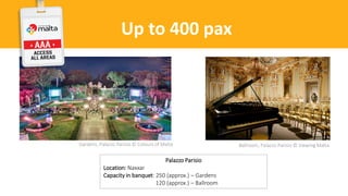 Up to 400 pax
Gardens, Palazzo Parisio © Colours of Malta
Palazzo Parisio
Location: Naxxar
Capacity in banquet: 250 (approx.) – Gardens
120 (approx.) – Ballroom
Ballroom, Palazzo Parisio © Viewing Malta
 