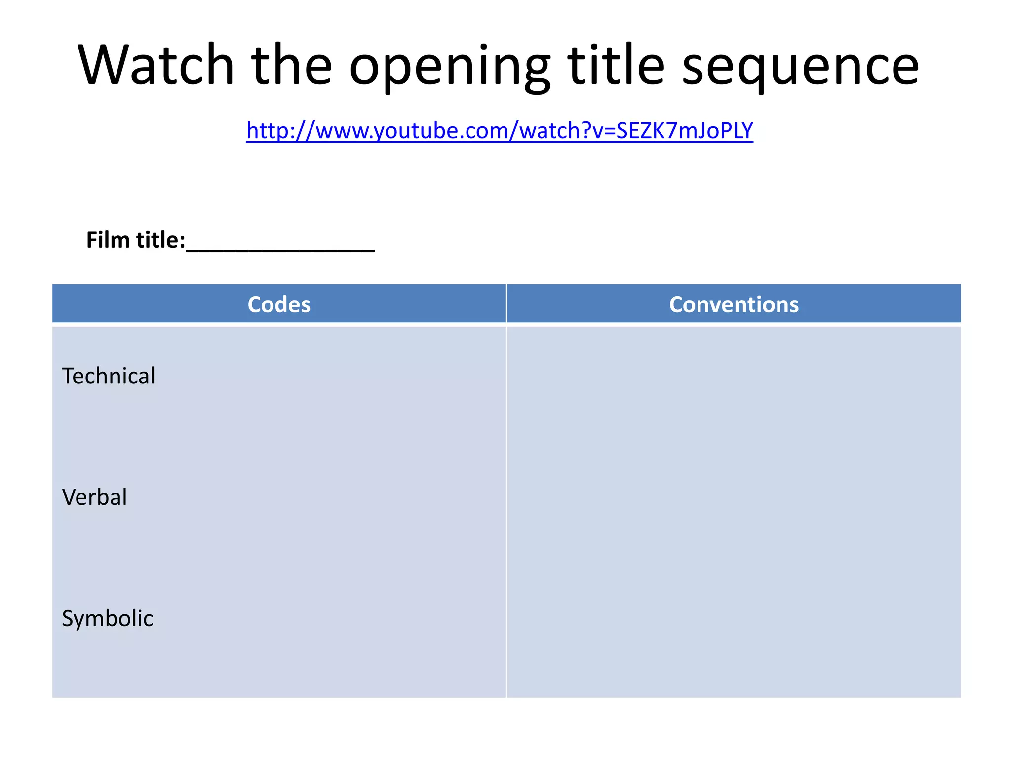Watch the opening title sequence
Codes Conventions
Technical
Verbal
Symbolic
Film title:_______________
http://www.youtube.com/watch?v=SEZK7mJoPLY
 