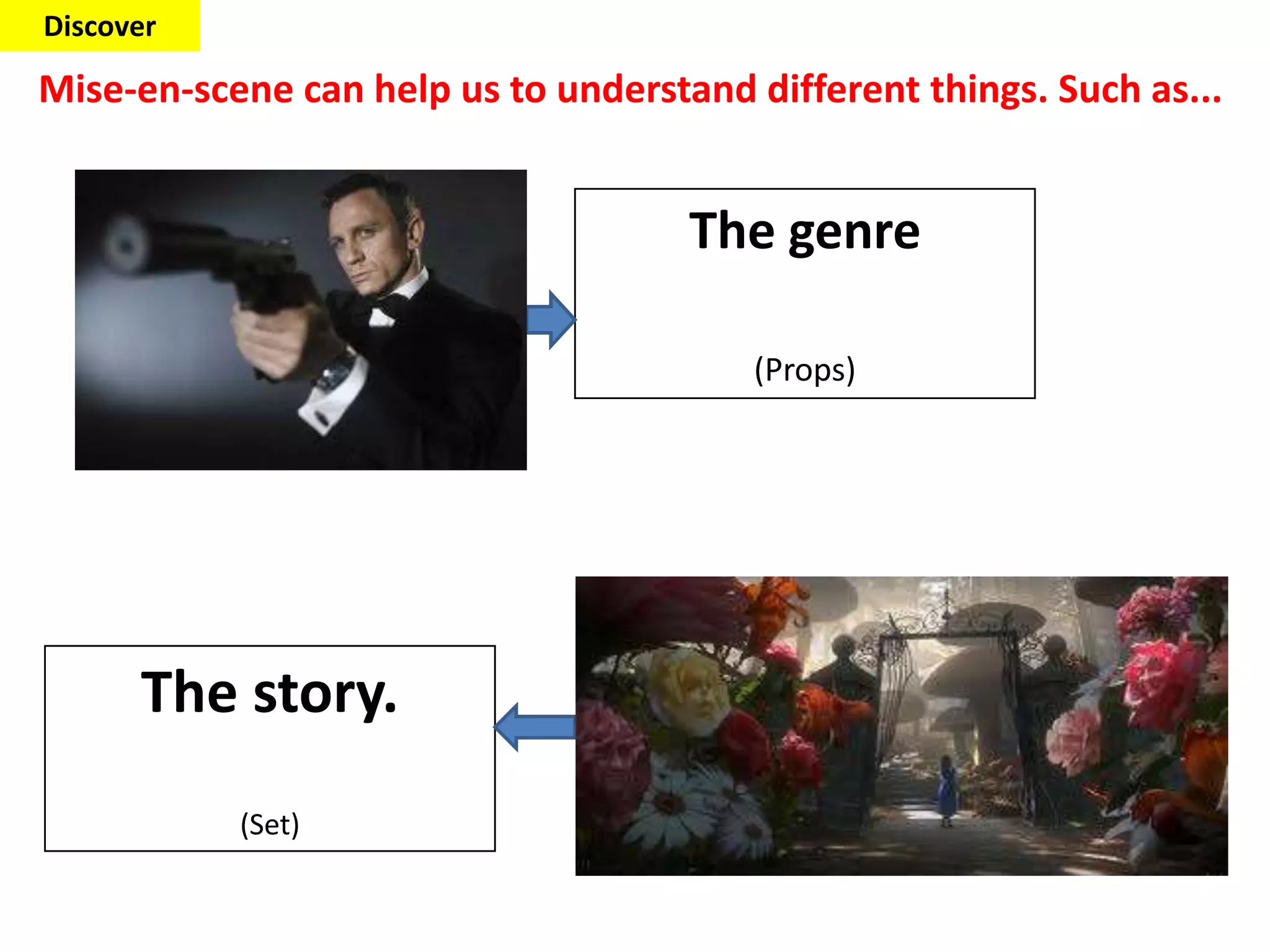 Mise-en-scene can help us to understand different things. Such as...
The genre
(Props)
The story.
(Set)
Discover
 