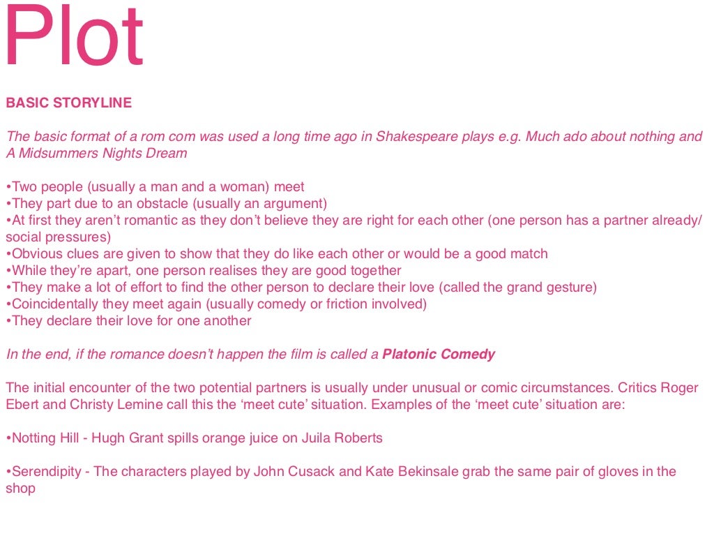 PlotBASIC STORYLINEThe basic format of a rom com was used a long time ago in Shakespeare plays e.g. Much ado about nothing...