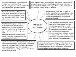 This double page spread is from NME and
the featured artist is Nicki Minaj.
This double page spread includes most of the
t...