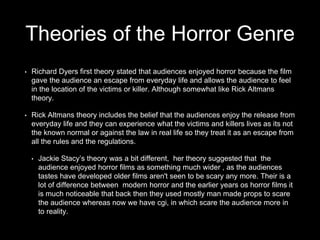 Theories of the Horror Genre
• Richard Dyers first theory stated that audiences enjoyed horror because the film
gave the audience an escape from everyday life and allows the audience to feel
in the location of the victims or killer. Although somewhat like Rick Altmans
theory.
• Rick Altmans theory includes the belief that the audiences enjoy the release from
everyday life and they can experience what the victims and killers lives as its not
the known normal or against the law in real life so they treat it as an escape from
all the rules and the regulations.
• Jackie Stacy’s theory was a bit different, her theory suggested that the
audience enjoyed horror films as something much wider , as the audiences
tastes have developed older films aren't seen to be scary any more. Their is a
lot of difference between modern horror and the earlier years os horror films it
is much noticeable that back then they used mostly man made props to scare
the audience whereas now we have cgi, in which scare the audience more in
to reality.
 