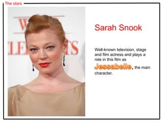 The stars
Well-known television, stage
and film actress and plays a
role in this film as
,the main
character.
Sarah Snook
 