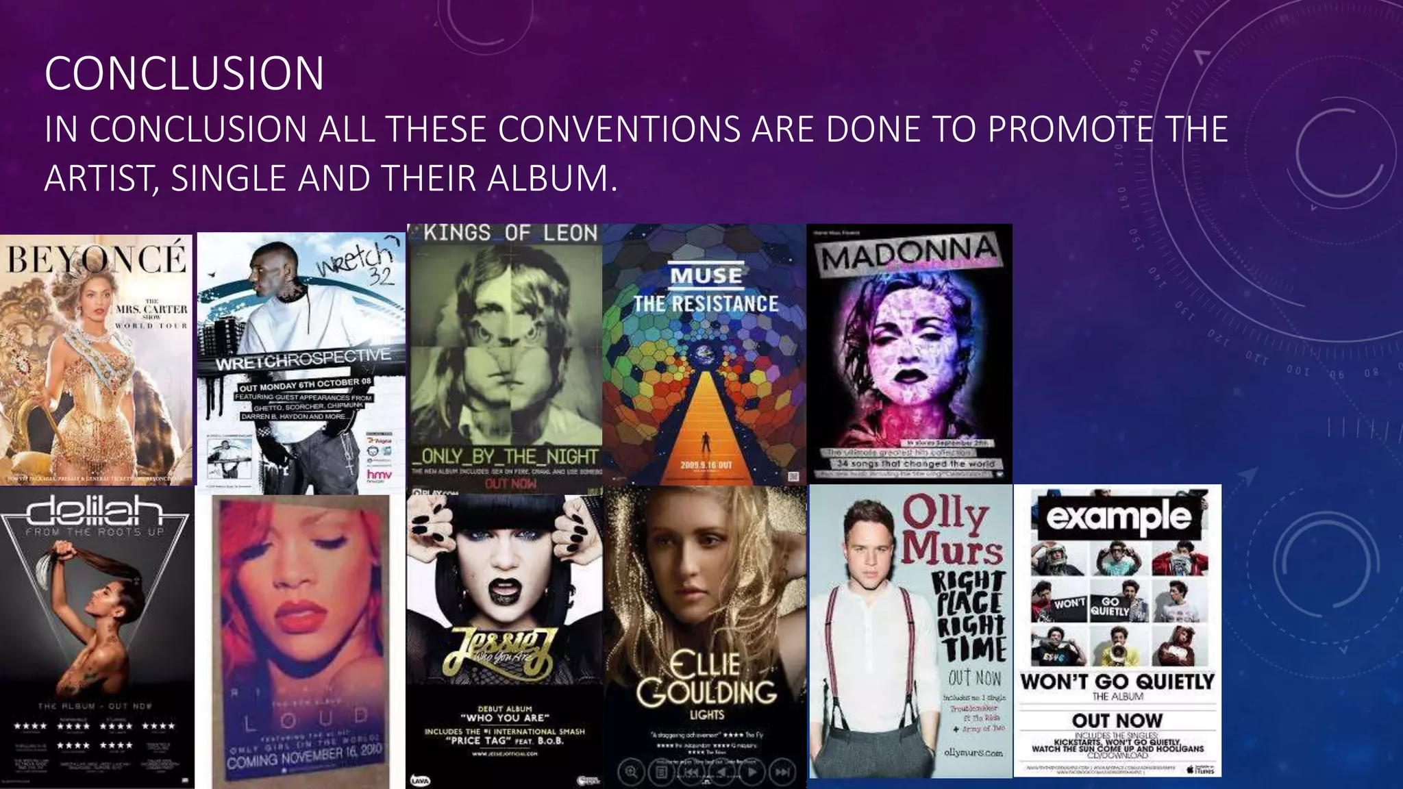 CONCLUSION
IN CONCLUSION ALL THESE CONVENTIONS ARE DONE TO PROMOTE THE
ARTIST, SINGLE AND THEIR ALBUM.
 