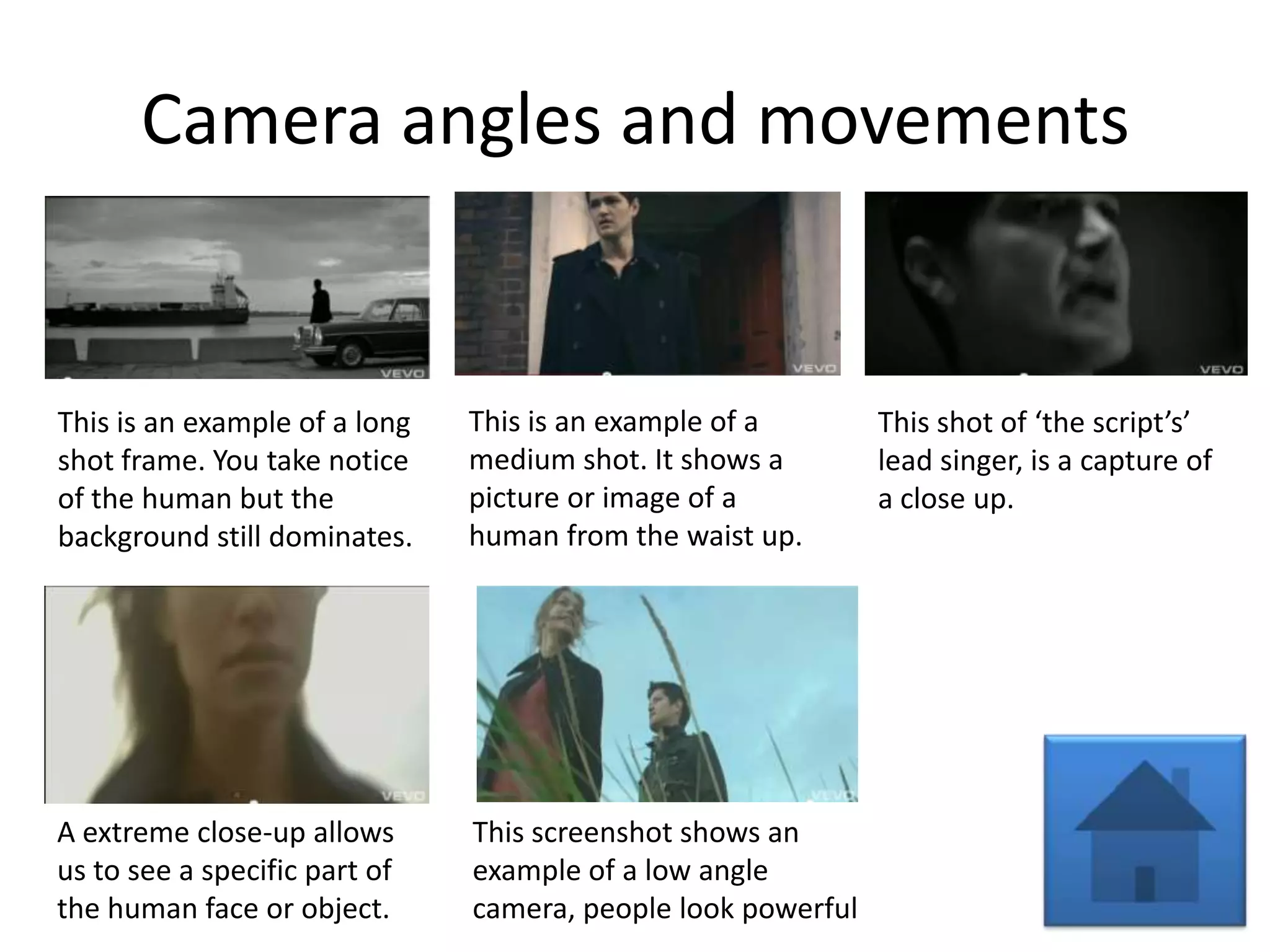 Camera angles and movements


This is an example of a long   This is an example of a        This shot of ‘the script’s’
shot frame. You take notice    medium shot. It shows a        lead singer, is a capture of
of the human but the           picture or image of a          a close up.
background still dominates.    human from the waist up.




A extreme close-up allows      This screenshot shows an
us to see a specific part of   example of a low angle
the human face or object.      camera, people look powerful
 