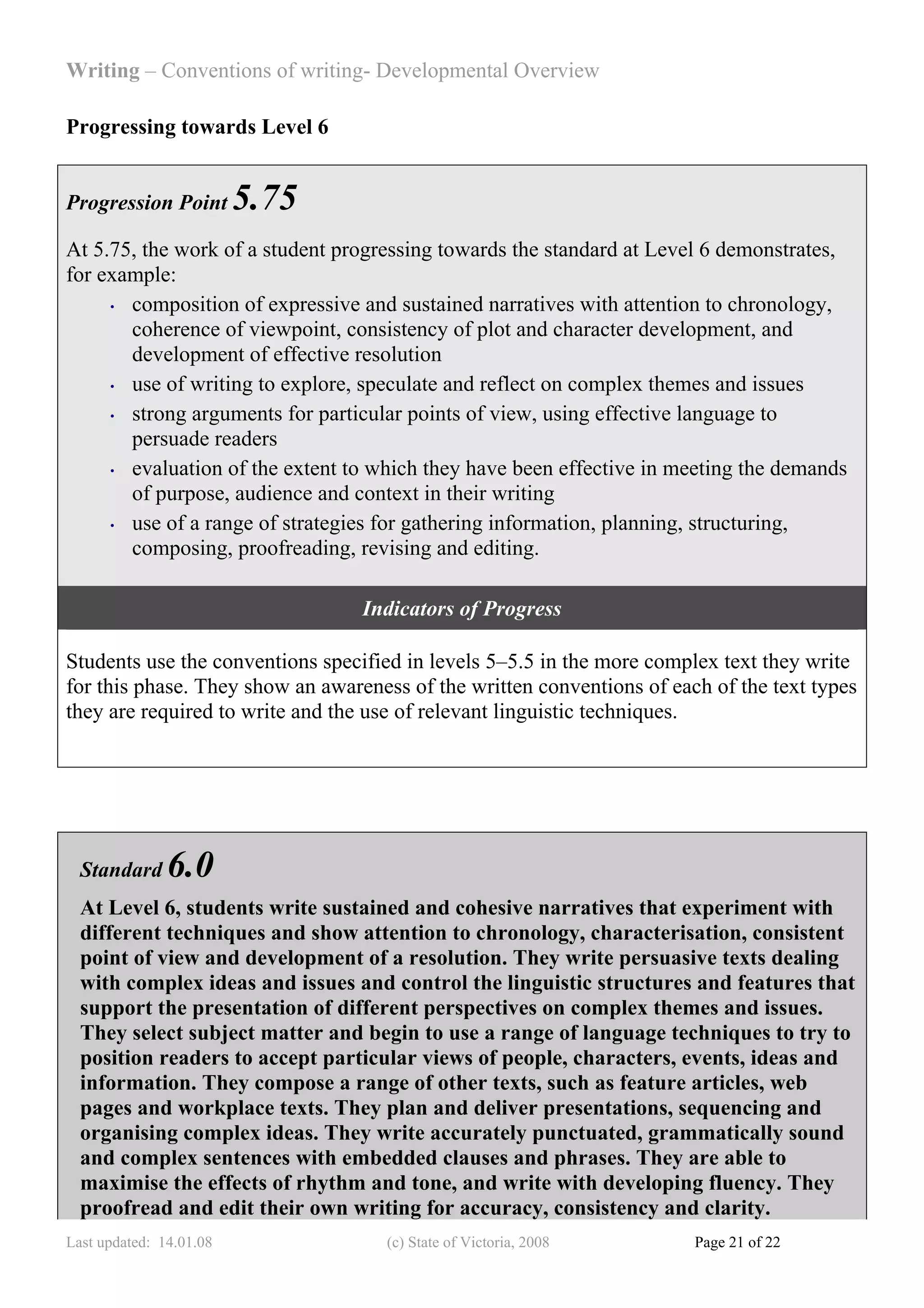 Writing – Conventions of writing- Developmental Overview

Progressing towards Level 6


Progression Point        5.75
At 5.75, the work of a student progressing towards the standard at Level 6 demonstrates,
for example:
     • composition of expressive and sustained narratives with attention to chronology,

       coherence of viewpoint, consistency of plot and character development, and
       development of effective resolution
     • use of writing to explore, speculate and reflect on complex themes and issues

     • strong arguments for particular points of view, using effective language to

       persuade readers
     • evaluation of the extent to which they have been effective in meeting the demands

       of purpose, audience and context in their writing
     • use of a range of strategies for gathering information, planning, structuring,

       composing, proofreading, revising and editing.

                                  Indicators of Progress

Students use the conventions specified in levels 5–5.5 in the more complex text they write
for this phase. They show an awareness of the written conventions of each of the text types
they are required to write and the use of relevant linguistic techniques.




  Standard     6.0
  At Level 6, students write sustained and cohesive narratives that experiment with
  different techniques and show attention to chronology, characterisation, consistent
  point of view and development of a resolution. They write persuasive texts dealing
  with complex ideas and issues and control the linguistic structures and features that
  support the presentation of different perspectives on complex themes and issues.
  They select subject matter and begin to use a range of language techniques to try to
  position readers to accept particular views of people, characters, events, ideas and
  information. They compose a range of other texts, such as feature articles, web
  pages and workplace texts. They plan and deliver presentations, sequencing and
  organising complex ideas. They write accurately punctuated, grammatically sound
  and complex sentences with embedded clauses and phrases. They are able to
  maximise the effects of rhythm and tone, and write with developing fluency. They
  proofread and edit their own writing for accuracy, consistency and clarity.
Last updated: 14.01.08              (c) State of Victoria, 2008         Page 21 of 22
 