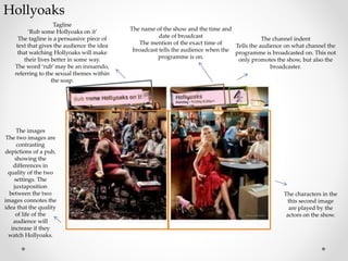 Hollyoaks
The channel indent
Tells the audience on what channel the
programme is broadcasted on. This not
only promotes the show, but also the
broadcaster.
The name of the show and the time and
date of broadcast
The mention of the exact time of
broadcast tells the audience when the
programme is on.
Tagline
‘Rub some Hollyoaks on it’
The tagline is a persuasive piece of
text that gives the audience the idea
that watching Hollyoaks will make
their lives better in some way.
The word ‘rub’ may be an innuendo,
referring to the sexual themes within
the soap.
The images
The two images are
contrasting
depictions of a pub,
showing the
differences in
quality of the two
settings. The
juxtaposition
between the two
images connotes the
idea that the quality
of life of the
audience will
increase if they
watch Hollyoaks.
The characters in the
this second image
are played by the
actors on the show.
 