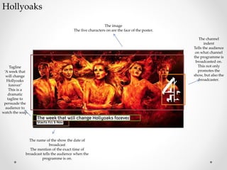 Hollyoaks
The channel
indent
Tells the audience
on what channel
the programme is
broadcasted on.
This not only
promotes the
show, but also the
broadcaster.
The name of the show the date of
broadcast
The mention of the exact time of
broadcast tells the audience when the
programme is on.
Tagline
‘A week that
will change
Hollyoaks
forever’
This is a
dramatic
tagline to
persuade the
audience to
watch the soap.
The image
The five characters on are the face of the poster.
 