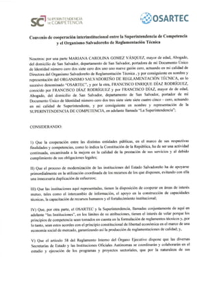Convenio Superintendencia de Competencia y el Organismo Salvadoreño de Reglamentación Técnica (OSARTEC)