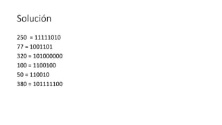 Solución
250 = 11111010
77 = 1001101
320 = 101000000
100 = 1100100
50 = 110010
380 = 101111100
 