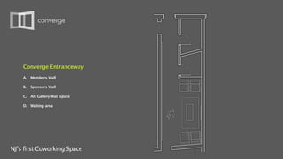 Converge Entranceway
    A.   Members Wall

    B.   Sponsors Wall

    C.   Art Gallery Wall space

    D. Waiting area




NJ’s first Coworking Space
 