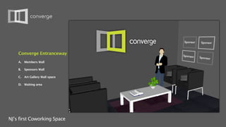 Converge Entranceway
    A.   Members Wall

    B.   Sponsors Wall

    C.   Art Gallery Wall space

    D. Waiting area




NJ’s first Coworking Space
 