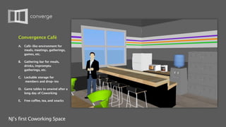 Convergence Café
    A.   Café-like environment for
         meals, meetings, gatherings,
         games, etc.

    B.   Gathering bar for meals,
         drinks, impromptu
         gatherings, etc.

    C.   Lockable storage for
          members and drop-ins

    D. Game tables to unwind after a
       long day of Coworking

    E.   Free coffee, tea, and snacks




NJ’s first Coworking Space
 