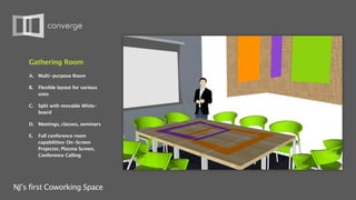 Gathering Room
    A.   Multi-purpose Room

    B.   Flexible layout for various
         uses

    C.   Split with movable White-
         board

    D. Meetings, classes, seminars

    E.   Full conference room
         capabilities: On-Screen
         Projector, Plasma Screen,
         Conference Calling




NJ’s first Coworking Space
 