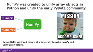 NumPy was created to unify array objects in
Python and unify the early PyData community
Numeric
Numarray
NumPy
I essentially sacrificed tenure at a University to write NumPy and
unify array objects.
 