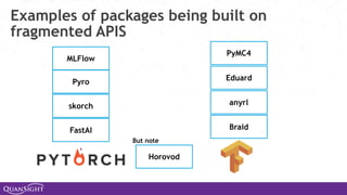 Examples of packages being built on
fragmented APIS
FastAI
skorch
Pyro
Eduard
anyrl
Braid
PyMC4
Horovod
MLFlow
But note
 