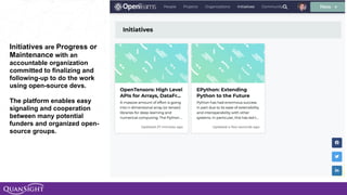 Initiatives are Progress or
Maintenance with an
accountable organization
committed to finalizing and
following-up to do the work
using open-source devs.
The platform enables easy
signaling and cooperation
between many potential
funders and organized open-
source groups.
 