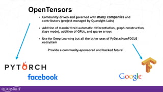 OpenTensors
• Community-driven and governed with many companies and
contributors (project managed by Quansight Labs)
• Addition of standardized automatic differentiation, graph-construction
(lazy mode), addition of GPUs, and sparse arrays
• Use for Deep Learning but all the other uses of PyData/NumFOCUS
ecosystem
Provide a community-sponsored and backed future!
 