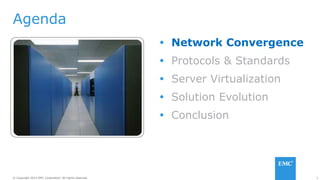 3© Copyright 2014 EMC Corporation. All rights reserved.© Copyright 2014 EMC Corporation. All rights reserved.
Agenda
 Network Convergence
 Protocols & Standards
 Server Virtualization
 Solution Evolution
 Conclusion
 