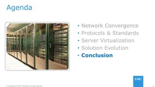 42© Copyright 2014 EMC Corporation. All rights reserved.© Copyright 2014 EMC Corporation. All rights reserved.
Agenda
• Network Convergence
• Protocols & Standards
• Server Virtualization
• Solution Evolution
• Conclusion
 