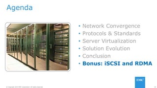 44© Copyright 2014 EMC Corporation. All rights reserved.© Copyright 2014 EMC Corporation. All rights reserved.
Agenda
• Network Convergence
• Protocols & Standards
• Server Virtualization
• Solution Evolution
• Conclusion
• Bonus: iSCSI and RDMA
 