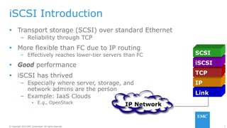 7© Copyright 2014 EMC Corporation. All rights reserved.© Copyright 2014 EMC Corporation. All rights reserved.
IP Network
iSCSI Introduction
 Transport storage (SCSI) over standard Ethernet
– Reliability through TCP
 More flexible than FC due to IP routing
– Effectively reaches lower-tier servers than FC
 Good performance
 iSCSI has thrived
– Especially where server, storage, and
network admins are the person
– Example: IaaS Clouds
▪ E.g., OpenStack
Link
IP
TCP
iSCSI
SCSI
 