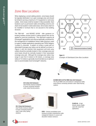 ConvergeIT™



              Zone Box Location:
              When deploying a zoned cabling solution, zone boxes should
              be logically distributed in an open coverage area and should
              be limited to serving a maximum of 12 equipment or work area
              outlets. Zone boxes shall be located in fully-accessible, fixed
              locations such as permanent walls and building columns and                                     Zone Box
              shall not be located in obstructed areas. Zone boxes shall not                                 Coverage
                                                                                                               Area
              be installed in furniture that is not secured to the building
              structure.
                                                                                                                r ≤ 12m

              TIA TSB-162    6   and ISO/IEC 24704 offer guidance on
                                                         7

              locating wireless access points in ceiling spaces that can be
              applied to zone box positioning. This approach supports all
              ConvergeIT applications and may be especially convenient for
              the management of installations where cable sharing is used
              to support multiple applications operating over TERA category
              7A/class FA channels. A pattern of circles or grids with an
              associated coverage area radius can be defined, as shown in
              Figure 4, with the intention that equipment and work area                             Wall
              outlets should be centrally located in their coverage area and
              zone boxes should be centrally located in their associated
              coverage area grid. Although the coverage area radius may                      Figure 4:
              range in size from 3 meters to 30 meters, a coverage area                      Example of Distributed Zone Box Locations
              radius of 12 meters is generally recommended as an optimum
              size to accommodate most ConvergeIT networks.




                                                                                   ZU-MX24-0515 (24 Port MAX Zone Unit Enclusure) –
                                                                                   The 24 port MAX zone unit enclosure is designed to safely
                            ZU-3 (Zone Unit Enclusure) –                           house Siemon connecting hardware under raised flooring
                            User-friendly enclosure designed                       systems.
                            to house connecting hardware
                            under raised flooring systems.




                                                                                                                        ZU-MZ-48 – A high
                                                                                                                        density solution ideally
               ZU-2 (Zone Unit Enclusure) –                                                                             used with raised floor
               User-friendly enclosure designed                                                                         applications.
               to house connecting hardware
               used in open office cabling                     CPEV – Vertical consolidation point
               solutions.                                      enclosure provides comprehensive cable
                                                               management features in a secure and
                                                               decorative modular enclosure.


8                                                                                                                                 www.siemon.com
 