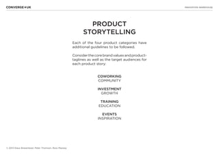 INNOVATION WAREHOUSE
© 2013 Klaus Bravenboer, Peter Thomson, Ross Mackay
PRODUCT
STORYTELLING
Each of the four product categories have
additional guidelines to be followed.
Considerthecorebrandvaluesandproduct-
taglines as well as the target audiences for
each product story:
COWORKING
COMMUNITY
INVESTMENT
GROWTH
TRAINING
EDUCATION
EVENTS
INSPIRATION
 