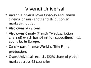 Vivendi Universal
• Vivendi Universal own Cineplex and Odeon
cinema chains- another distribution an
marketing outlet .
• Also owns MP3.com
• Also owns Canal+ (French TV subscription
channel) which has 14 million subscribers in 11
countries in Europe.
• Canal+ part finance Working Title Films
productions.
• Owns Universal records. (22% share of global
market across 63 countries)
 