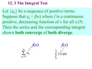 12. 3 The Integral Test
Let {an} be a sequence of positive terms.
Suppose that an = f(n) where f is a continuous
positive, decreasing function of x for all xN.
Then the series and the corresponding integral
shown both converge of both diverge.
n
n N
a


 ( )
N
f x dx


f(n) f(x)
 