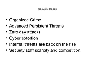 Security Trends Organized Crime Advanced Persistent Threats Zero day attacks Cyber extortion Internal threats are back on the rise Security staff scarcity and competition  