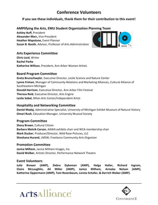 Conference  Volunteers	
  
If  you  see  these  individuals,  thank  them  for  their  contribution  to  this  event!  
  
AMPlifying  the  Arts,  EMU  Student  Organization  Planning  Team  
Ashley  Huff,  President	
  
Alexander  Marr,  Vice	
  President	
  
Heather  Mapstone,  Event	
  Planner	
  
Susan  B.  Booth,	
  Advisor,	
  Professor	
  of	
  Arts	
  Administration  

  
	
  

  
Arts  Experience  Committee  
Chris  Lord,	
  Writer	
  
Rachel  Parke  
Katherine  Willson,	
  President,	
  Ann	
  Arbor	
  Women	
  Artists	
  
	
  
Board  Program  Committee	
  
Greta  Brunschwyler,	
  Executive	
  Director,	
  Leslie	
  Science	
  and	
  Nature	
  Center	
  
Lynne  Friman,	
  Manager	
  of	
  Community	
  Relations	
  and	
  Marketing	
  Alliances,	
  Cultural	
  Alliance	
  of	
  
Southeastern	
  Michigan	
  
Donald  Harrison,	
  Executive	
  Director,	
  Ann	
  Arbor	
  Film	
  Festival	
  	
  
Theresa  Reid,	
  Executive	
  Director,	
  Arts	
  Engine	
  
Leslie  Sobel,	
  Milan	
  Arts	
  Center/Independent	
  Artist	
  
	
  

Hospitality  and  Networking  Committee  
Daniel  Madaj,	
  Administrative	
  Specialist,	
  University	
  of	
  Michigan	
  Exhibit	
  Museum	
  of	
  Natural	
  History	
  
Omari  Rush,	
  Education	
  Manager,	
  University	
  Musical	
  Society	
  
	
  

Program  Committee  
Shary  Brown,	
  Cultural	
  Citizen	
  
Barbara  Melnik  Carson,	
  AAWA	
  exhibits	
  chair	
  and	
  WCA	
  membership	
  chair	
  
Mark  Ducker,	
  Producer/Director,	
  Wild	
  Rose	
  Pictures,	
  LLC	
  
Shoshana  Hurand,	
  LMSW,	
  Freelance	
  Community	
  Arts	
  Organizer	
  
	
  

Promotion  Committee  
Janice  Milhem,	
  Janice	
  Milhem	
  Images,	
  Inc.  
David  Wolber,	
  Artistic	
  Director,	
  Performance	
  Network	
  Theatre
  

Event  Volunteers  
Julie   Brewer   (AMP),   Debra   Dykeman   (AMP),   Helga   Haller,   Richard   Ingram,    
Claire   McLaughlin,   Ali   Miller   (AMP),   Janice   Milhem,   Armeka   Nelson   (AMP),    
Katherine  Oppermann  (AMP),  Tom  Rosenbaum,  Loreta  Schafer,  &  Derrich  Weber  (AMP).  
  
  

	
  

 
