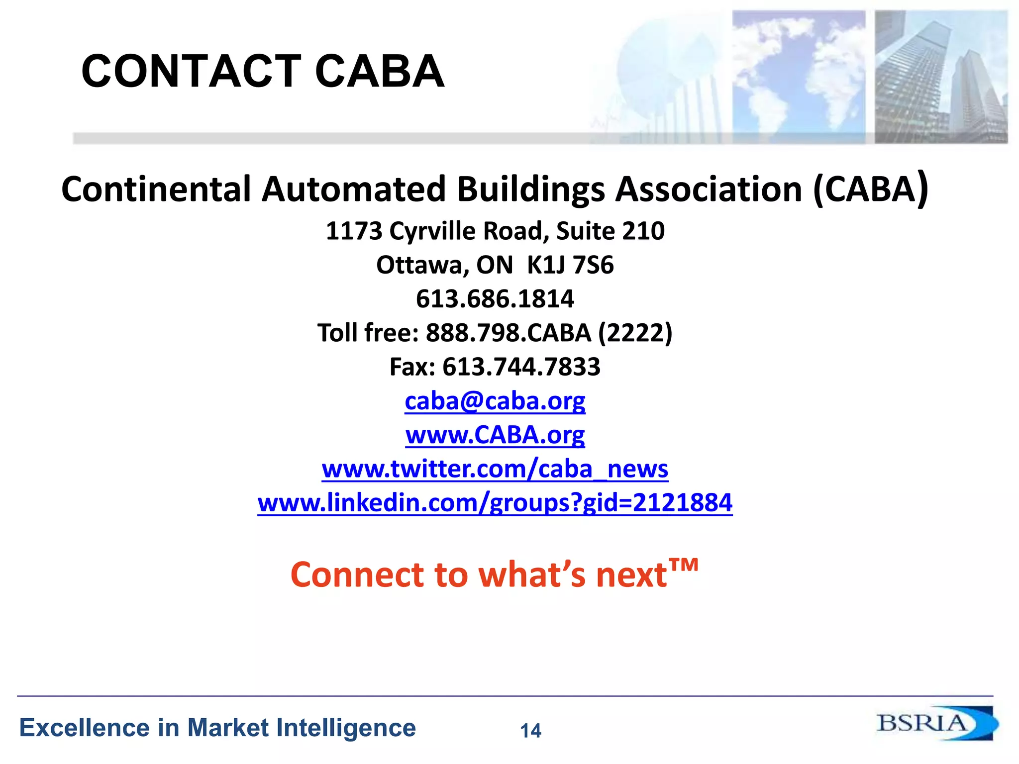 14
Excellence in Market Intelligence
CONTACT CABA
Continental Automated Buildings Association (CABA)
1173 Cyrville Road, Suite 210
Ottawa, ON K1J 7S6
613.686.1814
Toll free: 888.798.CABA (2222)
Fax: 613.744.7833
caba@caba.org
www.CABA.org
www.twitter.com/caba_news
www.linkedin.com/groups?gid=2121884
Connect to what’s next™
14
 