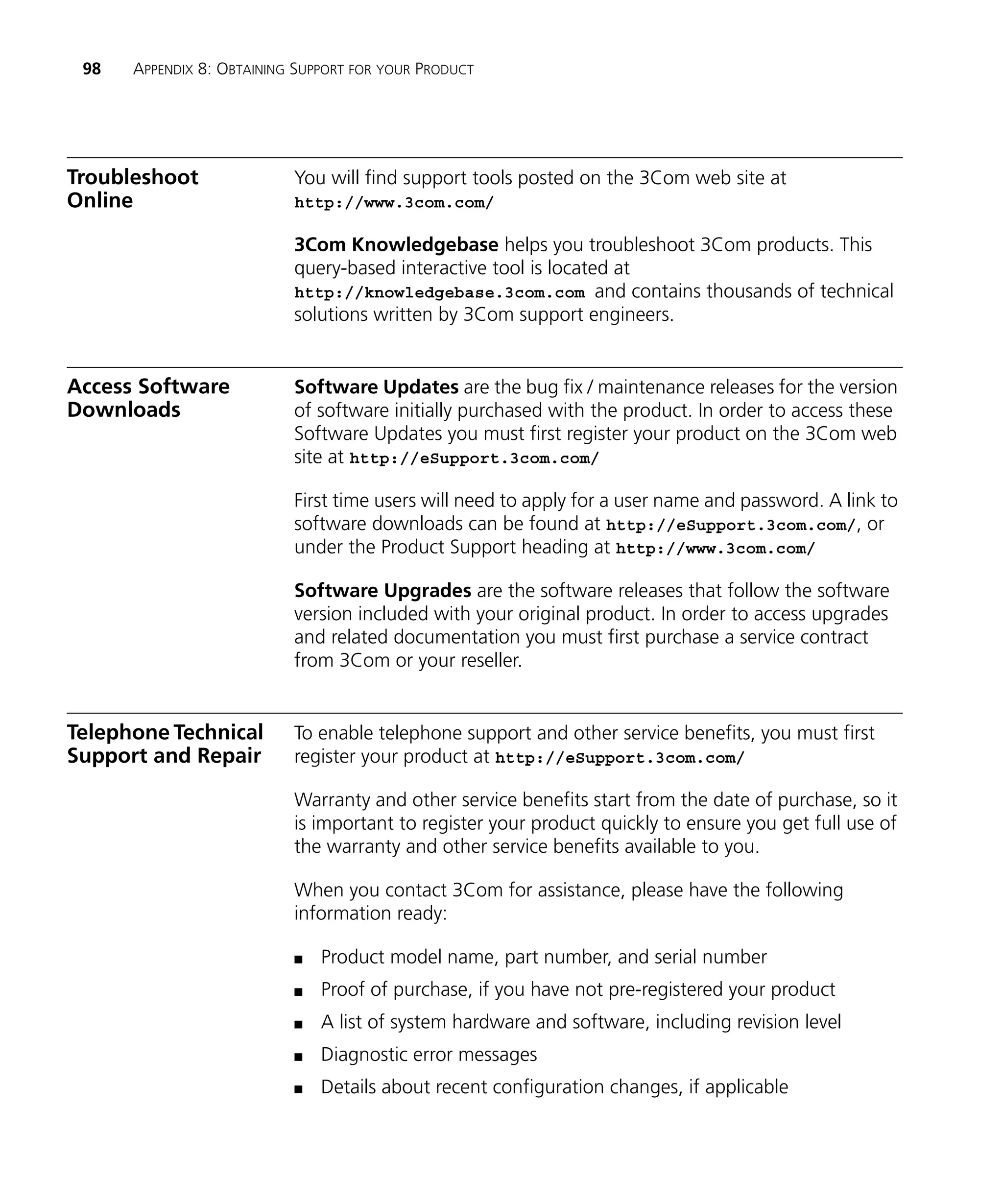 98   APPENDIX 8: OBTAINING SUPPORT FOR YOUR PRODUCT




Troubleshoot               You will find support tools posted on the 3Com web site at
Online                     http://www.3com.com/

                           3Com Knowledgebase helps you troubleshoot 3Com products. This
                           query-based interactive tool is located at
                           http://knowledgebase.3com.com and contains thousands of technical
                           solutions written by 3Com support engineers.


Access Software            Software Updates are the bug fix / maintenance releases for the version
Downloads                  of software initially purchased with the product. In order to access these
                           Software Updates you must first register your product on the 3Com web
                           site at http://eSupport.3com.com/

                           First time users will need to apply for a user name and password. A link to
                           software downloads can be found at http://eSupport.3com.com/, or
                           under the Product Support heading at http://www.3com.com/

                           Software Upgrades are the software releases that follow the software
                           version included with your original product. In order to access upgrades
                           and related documentation you must first purchase a service contract
                           from 3Com or your reseller.


Telephone Technical        To enable telephone support and other service benefits, you must first
Support and Repair         register your product at http://eSupport.3com.com/

                           Warranty and other service benefits start from the date of purchase, so it
                           is important to register your product quickly to ensure you get full use of
                           the warranty and other service benefits available to you.

                           When you contact 3Com for assistance, please have the following
                           information ready:

                           n   Product model name, part number, and serial number
                           n   Proof of purchase, if you have not pre-registered your product
                           n   A list of system hardware and software, including revision level
                           n   Diagnostic error messages
                           n   Details about recent configuration changes, if applicable
 