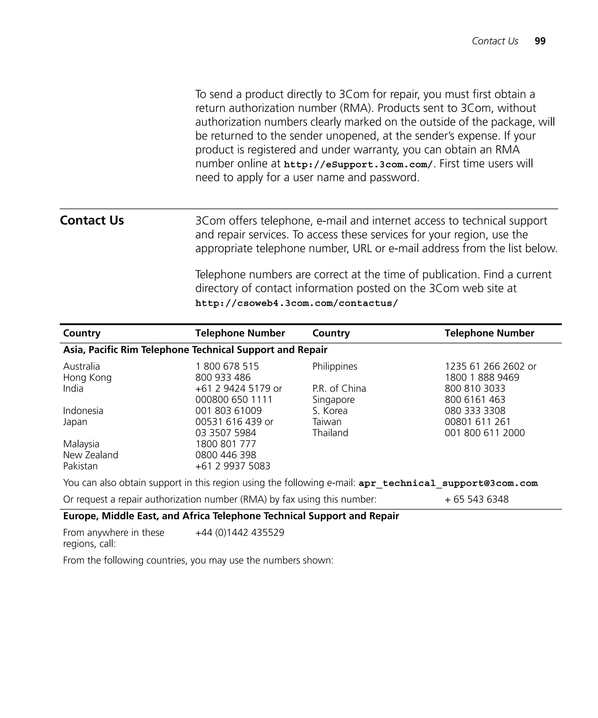 Contact Us    99




                              To send a product directly to 3Com for repair, you must first obtain a
                              return authorization number (RMA). Products sent to 3Com, without
                              authorization numbers clearly marked on the outside of the package, will
                              be returned to the sender unopened, at the sender’s expense. If your
                              product is registered and under warranty, you can obtain an RMA
                              number online at http://eSupport.3com.com/. First time users will
                              need to apply for a user name and password.


Contact Us                    3Com offers telephone, e-mail and internet access to technical support
                              and repair services. To access these services for your region, use the
                              appropriate telephone number, URL or e-mail address from the list below.

                              Telephone numbers are correct at the time of publication. Find a current
                              directory of contact information posted on the 3Com web site at
                              http://csoweb4.3com.com/contactus/


Country                       Telephone Number           Country                 Telephone Number
Asia, Pacific Rim Telephone Technical Support and Repair
Australia                     1 800 678 515              Philippines             1235 61 266 2602 or
Hong Kong                     800 933 486                                        1800 1 888 9469
India                         +61 2 9424 5179 or         P.R. of China           800 810 3033
                              000800 650 1111            Singapore               800 6161 463
Indonesia                     001 803 61009              S. Korea                080 333 3308
Japan                         00531 616 439 or           Taiwan                  00801 611 261
                              03 3507 5984               Thailand                001 800 611 2000
Malaysia                      1800 801 777
New Zealand                   0800 446 398
Pakistan                      +61 2 9937 5083
You can also obtain support in this region using the following e-mail: apr_technical_support@3com.com
Or request a repair authorization number (RMA) by fax using this number:         + 65 543 6348
Europe, Middle East, and Africa Telephone Technical Support and Repair
From anywhere in these        +44 (0)1442 435529
regions, call:
From the following countries, you may use the numbers shown:
 